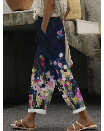 Pocket Stitching Vacation Floral Pants