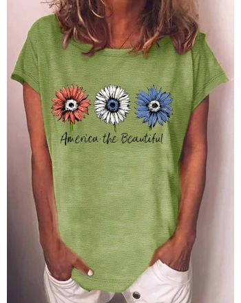 Women's America the Beautiful Sunflowers Crew Neck Casual T-Shirt