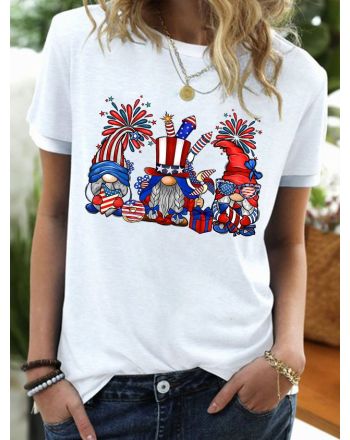 Women's American Flag Gnomes Funny Graphic Printing Text Letters Casual Cotton-Blend T-Shirt