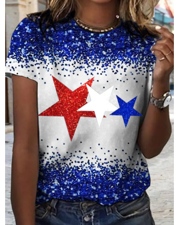 Women's Star Glitter Independence Day Crew Neck Loose T-Shirt