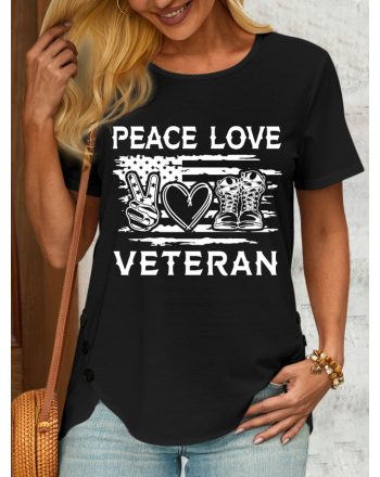 Women's Peace Love Veteran Cotton-Blend Casual Flag T-Shirt