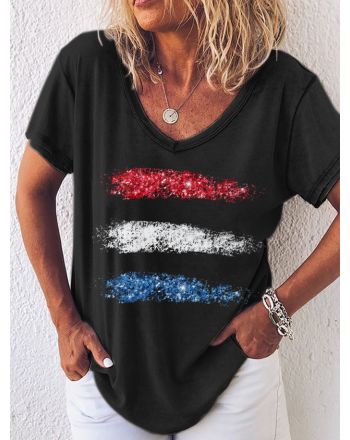 Women's Abstract American Flag V Neck Simple Loose T-Shirt