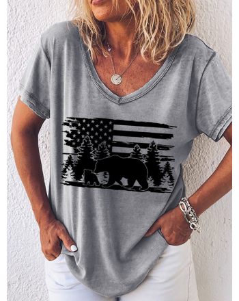 Women's Mama Bear Simple America Flag V Neck T-Shirt