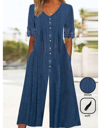 Denim Casual V Neck Jumpsuit