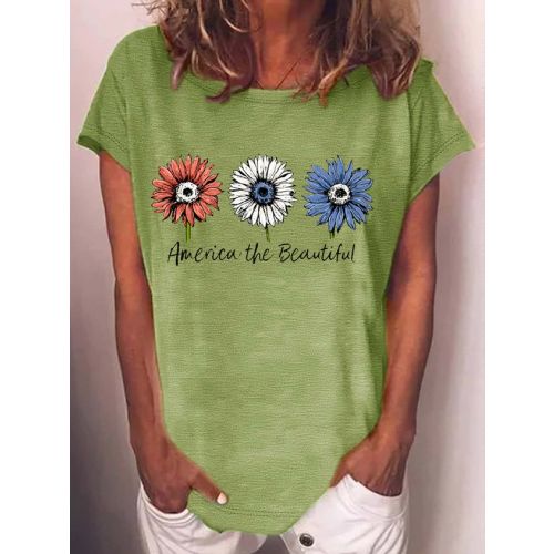 Women's America the Beautiful Sunflowers Crew Neck Casual T-Shirt