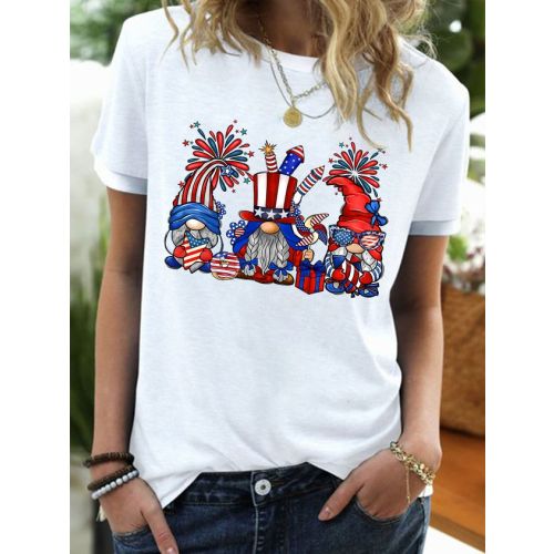 Women's American Flag Gnomes Funny Graphic Printing Text Letters Casual Cotton-Blend T-Shirt