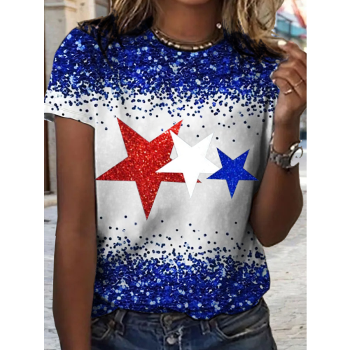 Women's Star Glitter Independence Day Crew Neck Loose T-Shirt