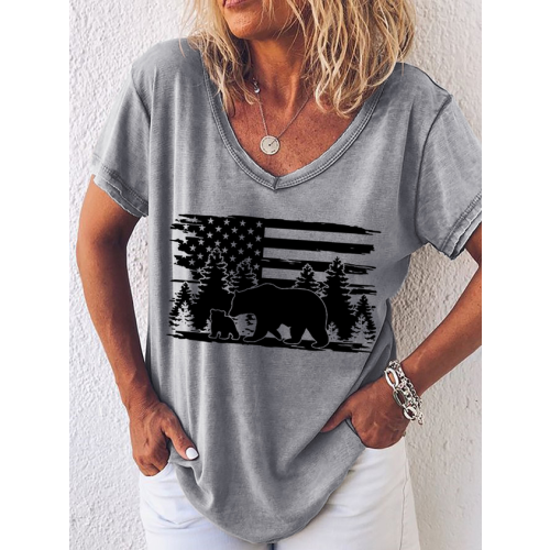 Women's Mama Bear Simple America Flag V Neck T-Shirt